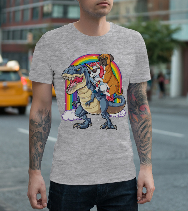Boxer Riding Dinosaur Unicorn T-Shirt
