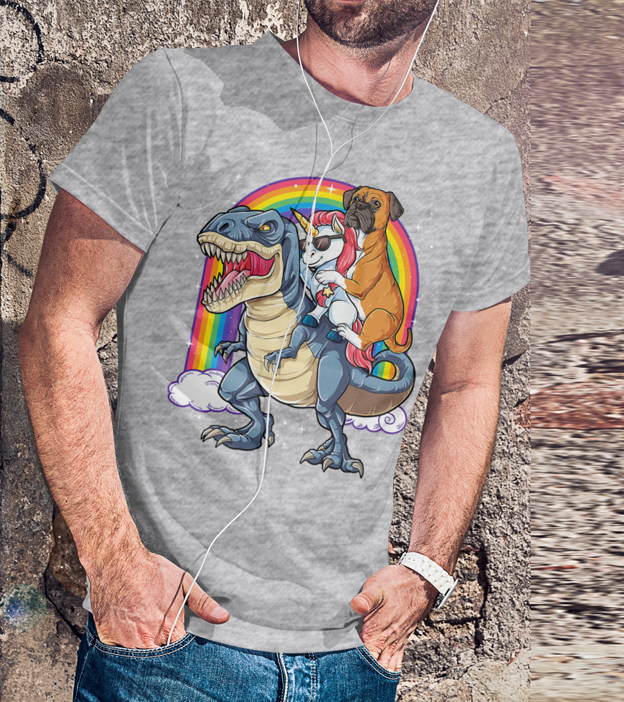 Boxer Riding Dinosaur Unicorn T-Shirt