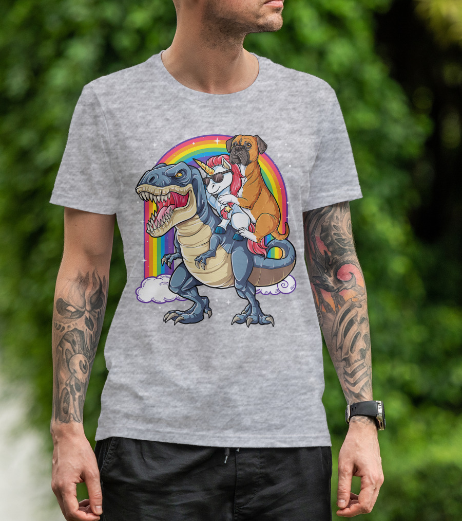 Boxer Riding Dinosaur Unicorn T-Shirt