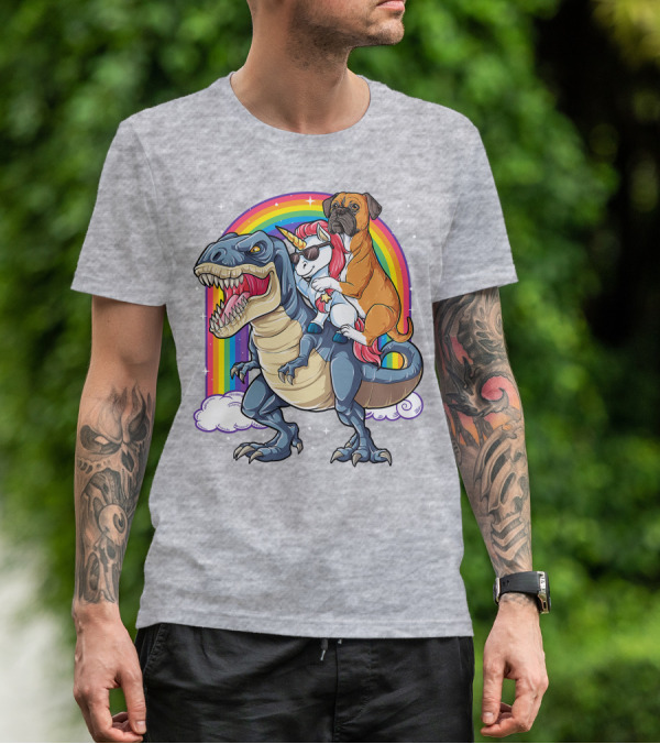 Boxer Riding Dinosaur Unicorn T-Shirt