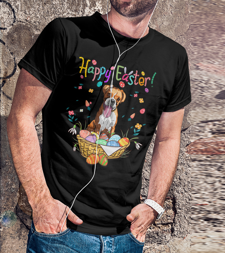 Happy Easter Bunny Boxer Dog In Egg Basket T-Shirt