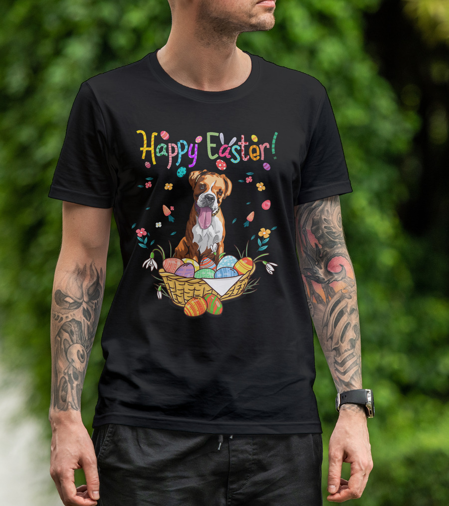 Happy Easter Bunny Boxer Dog In Egg Basket T-Shirt
