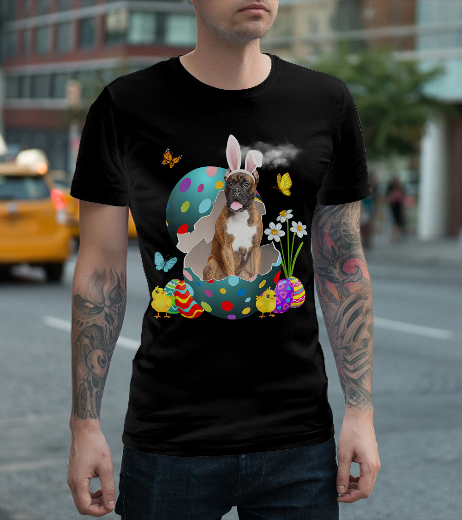 Bunny Boxer Dog with Easter Eggs Chicks Butterflies and Flowers T-Shirt