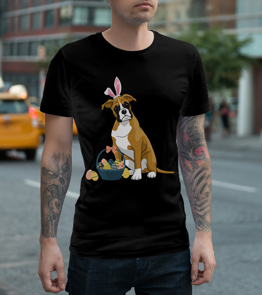 Bunny Ears Boxer Dog Cute Doge Rabbit with Easter Eggs Basket T-Shirt