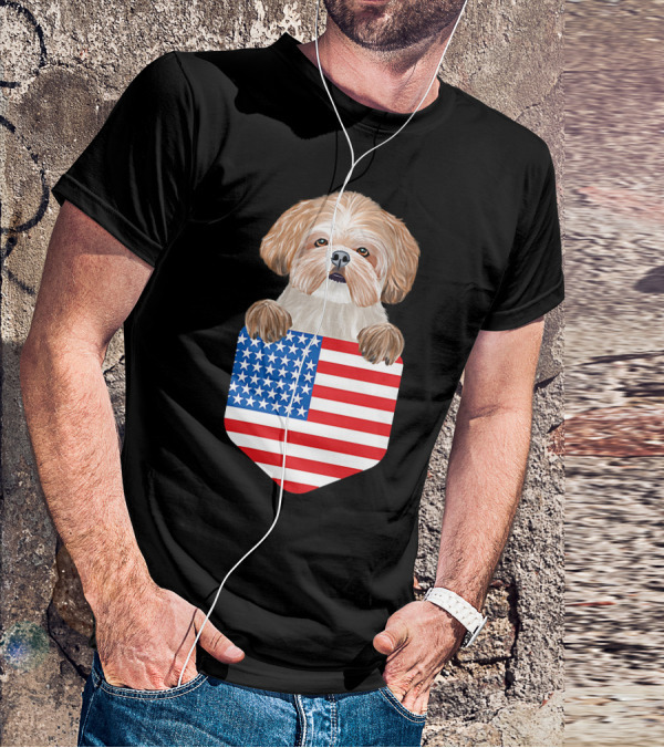 Shih Tzu Dog In American Flag Pocket T-Shirt