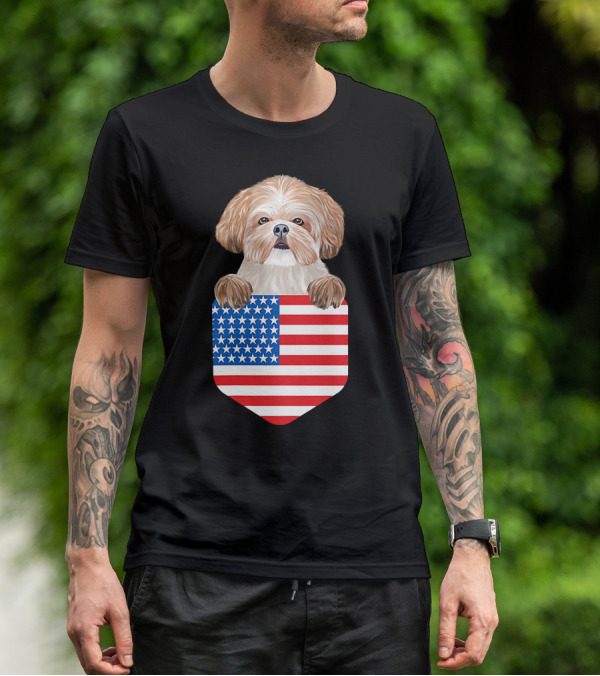 Shih Tzu Dog In American Flag Pocket T-Shirt
