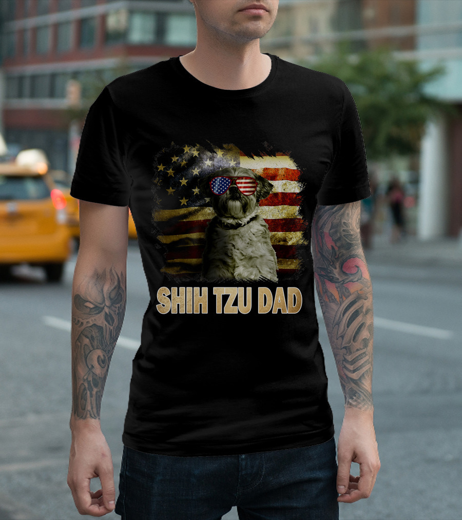 Shih Tzu Dad American Flag Glasses Patriotic Dog Holiday T-Shirt