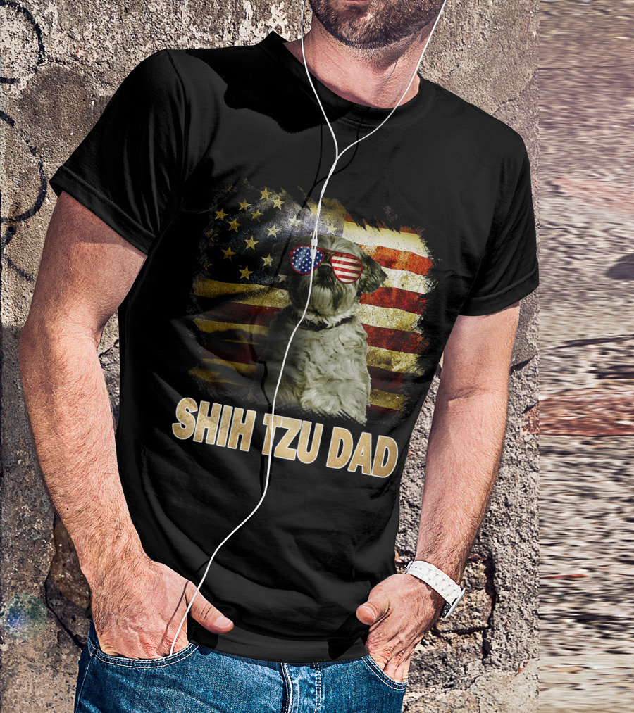 Shih Tzu Dad American Flag Glasses Patriotic Dog Holiday T-Shirt