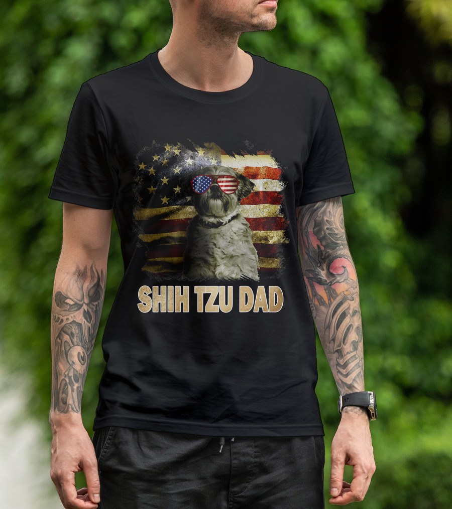 Shih Tzu Dad American Flag Glasses Patriotic Dog Holiday T-Shirt