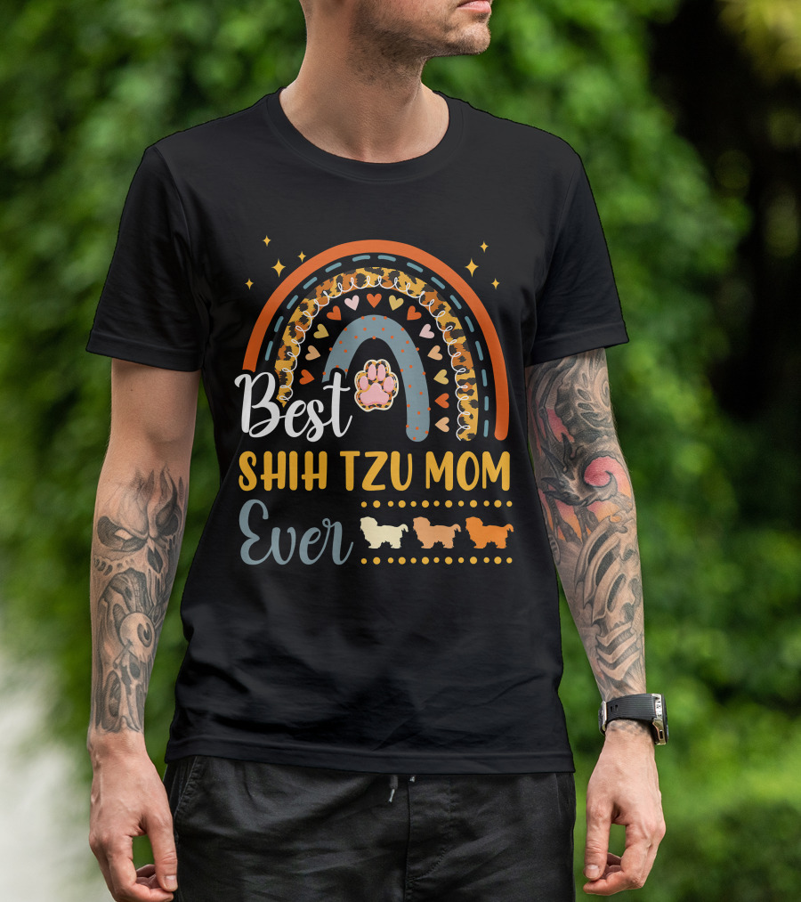 Shih Tzu Mom Ever Paw Print Rainbow Hearts T-Shirt