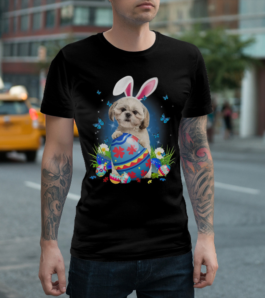 Easter Bunny Shih Tzu with Egg Basket and Flowers T-Shirt