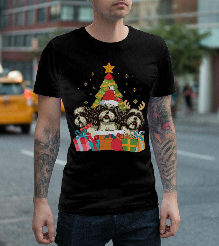 Christmas Shih Tzu Dogs with Santa Hat and Antlers by Xmas Tree T-Shirt