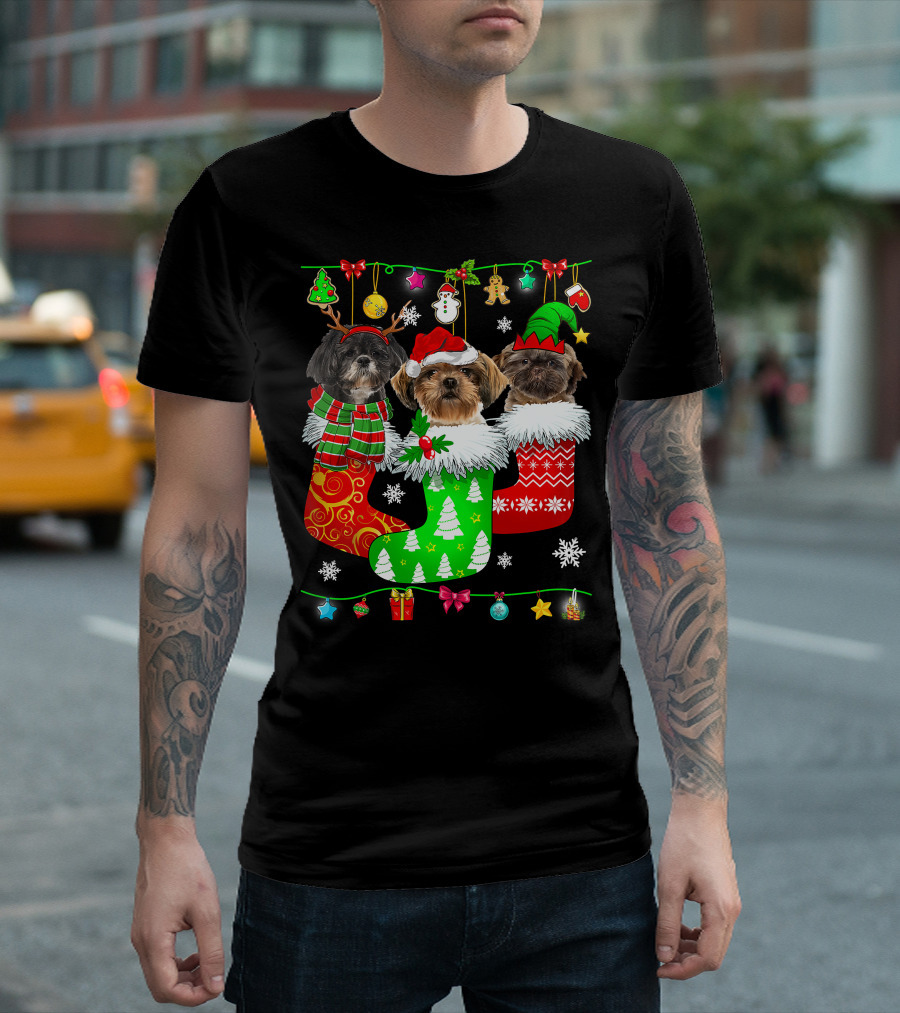 Christmas Shih Tzu Dogs in Festive Holiday Socks Pajama Lover T-Shirt
