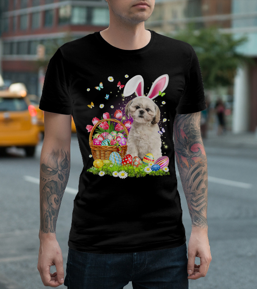 Shih Tzu Bunny Ears with Easter Eggs and Flower Basket T-Shirt