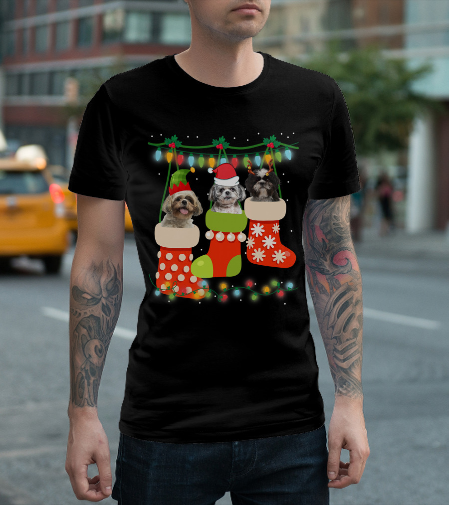Cute Christmas Shih Tzu in Sock with Santa Hat Reindeer Antlers and Elf Hat T-Shirt