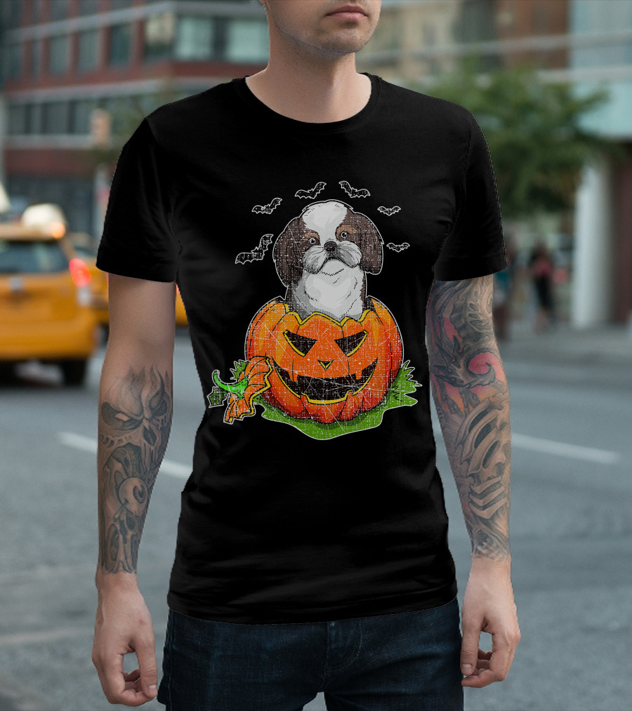 Cute Shih Tzu in Halloween Pumpkin with Bats T-Shirt