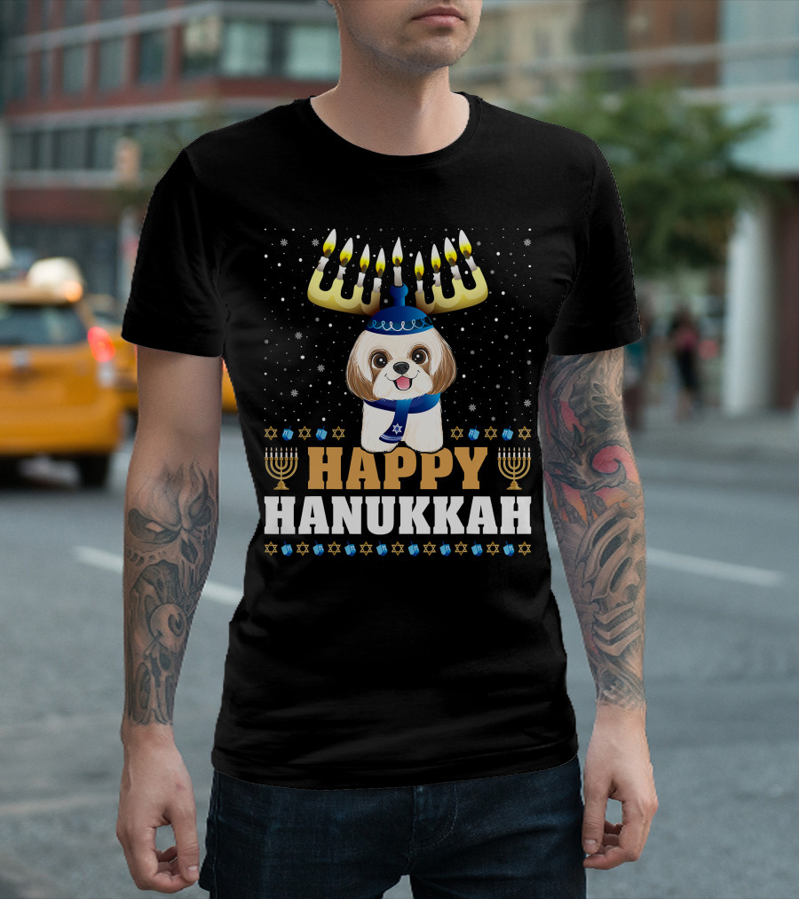 Cute Menorah Chanukah Funny Shih Tzu Happy Hanukkah T-Shirt