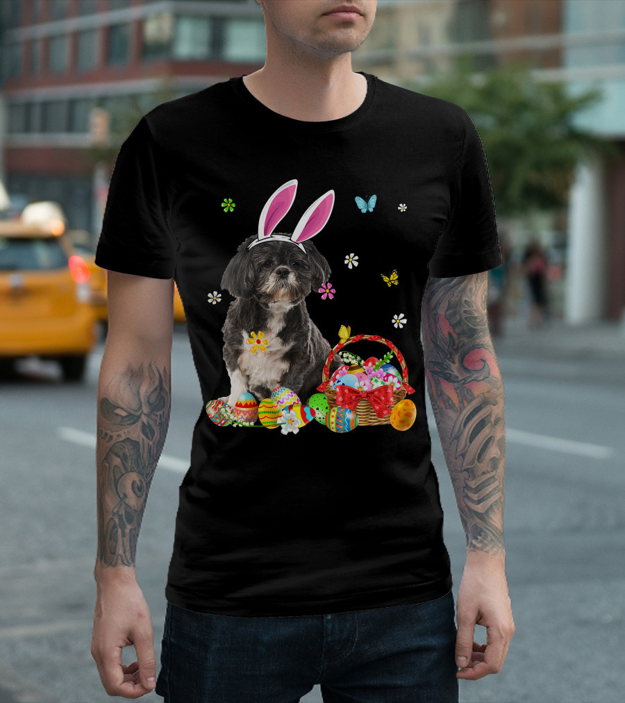 Shih Tzu Happy Easter Dog Lover Bunny Ears and Easter Egg Basket T-Shirt