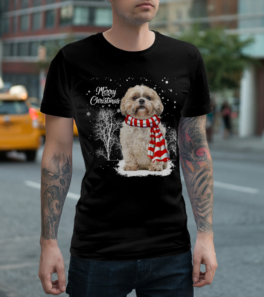 Shih Tzu Christmas Puppy Dog Lover Family Mat with Festive Scarf Snowflakes and Winter Trees T-Shirt