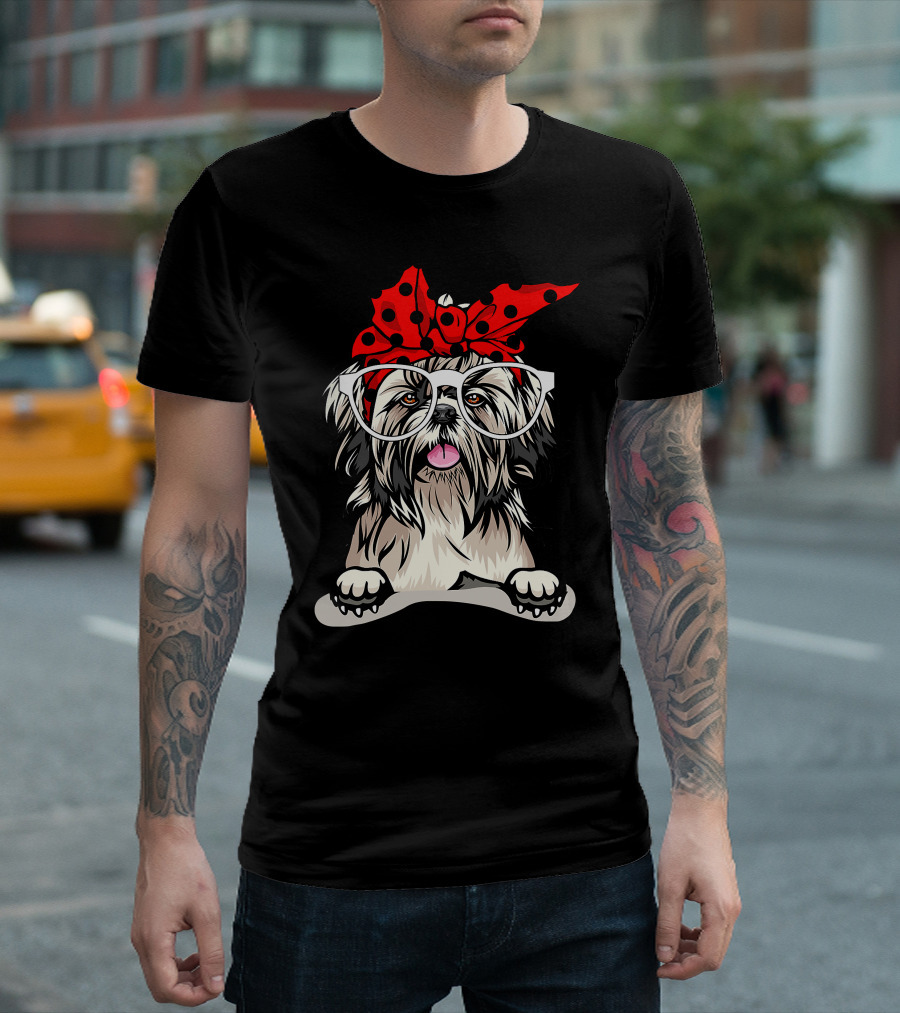 Shih Tzu Christmas Red Plaid Headband and Glasses Holiday T-Shirt