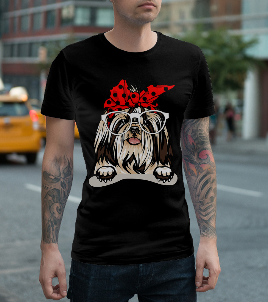 Shih Tzu Christmas Red Plaid Headband Glasses T-Shirt