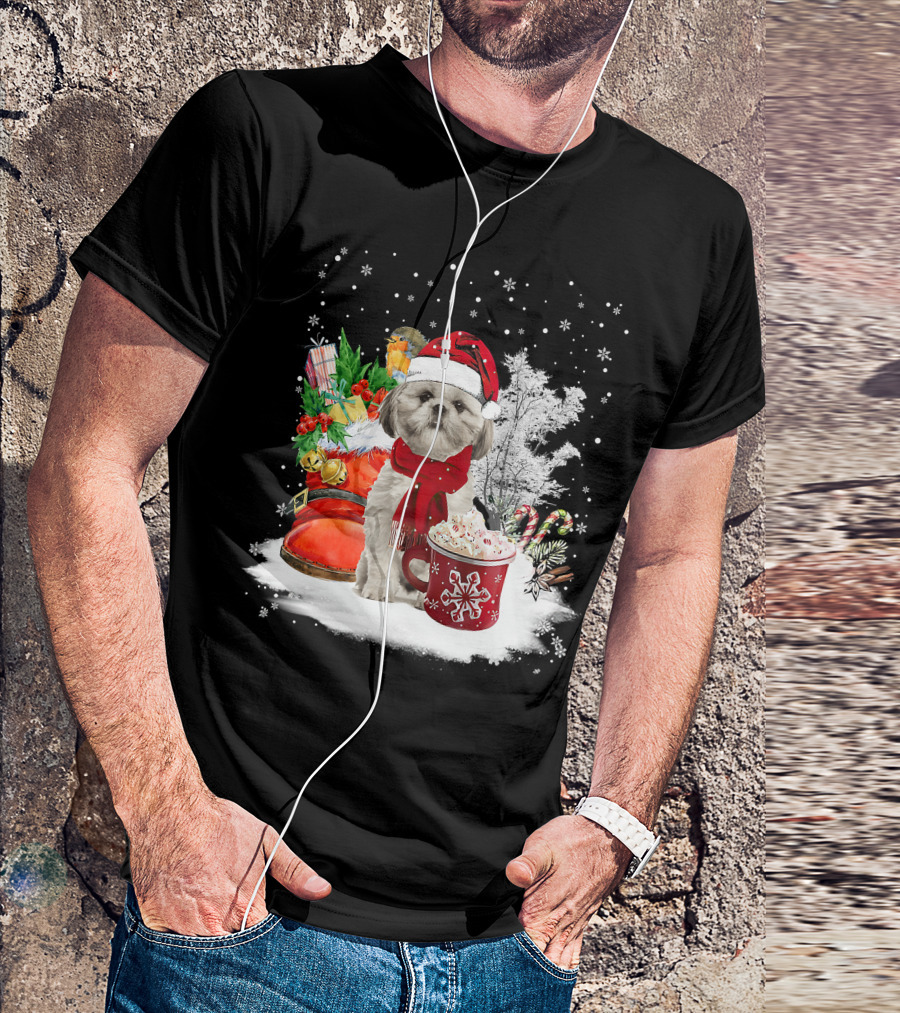 Shih Tzu Dog Santa Hat Hot Cocoa Christmas Scene T-Shirt
