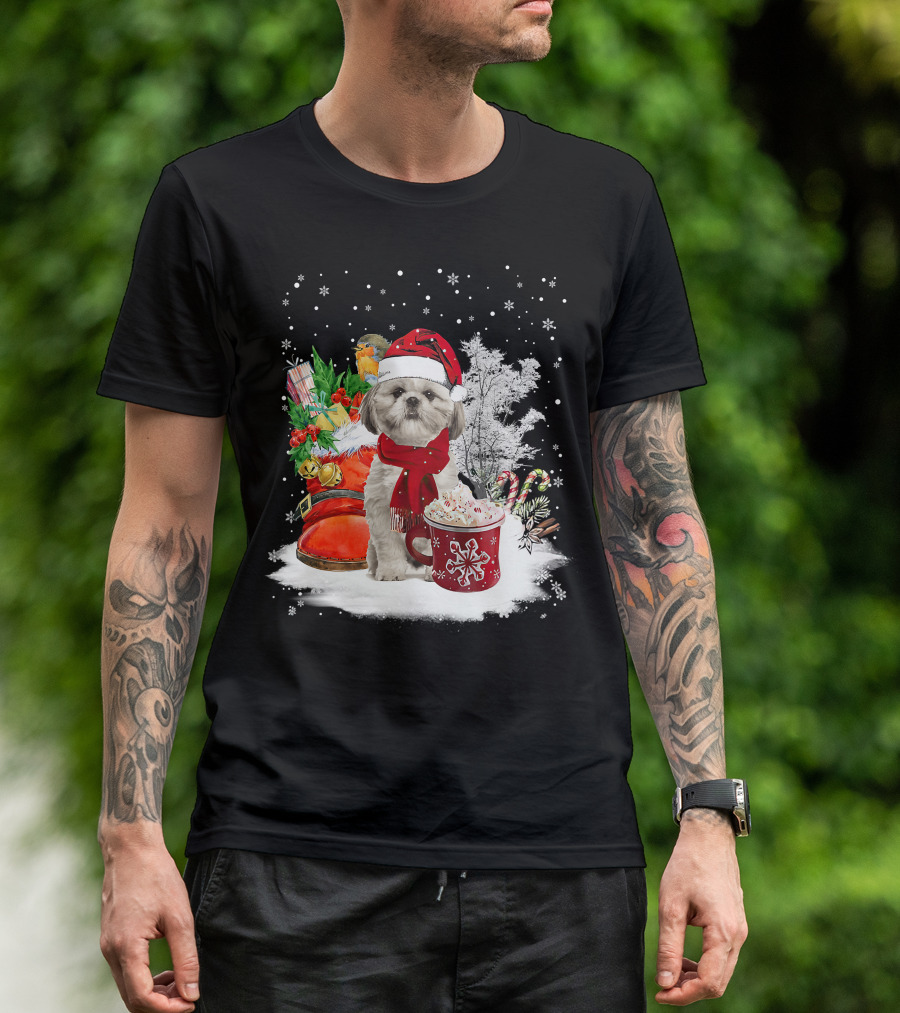Shih Tzu Dog Santa Hat Hot Cocoa Christmas Scene T-Shirt