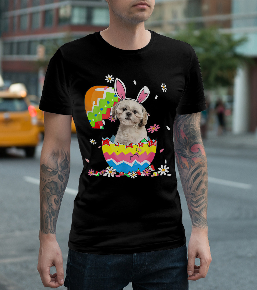 Shih Tzu Dog In Colorful Easter Egg With Bunny Ears And Flowers T-Shirt