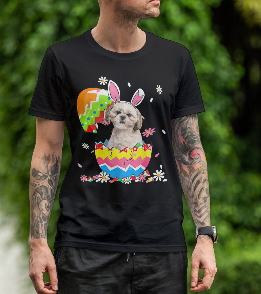 Shih Tzu Dog In Colorful Easter Egg With Bunny Ears And Flowers T-Shirt