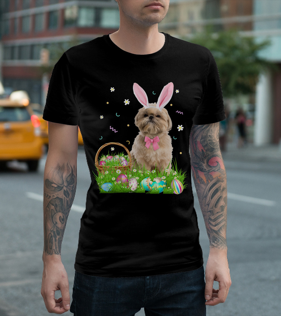 Shih Tzu Easter Day Bunny Ears and Colorful Eggs Easter98 T-Shirt