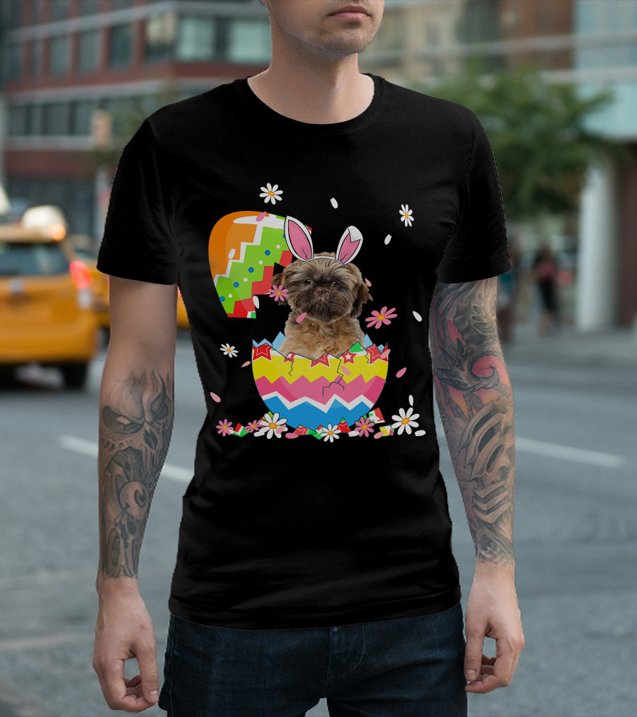 Cute Shih Tzu Easter Day Dog Dad Dog Mom with Bunny Ears and Colorful Egg T-Shirt