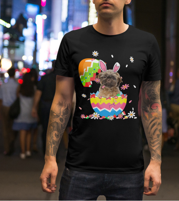 Cute Shih Tzu Easter Day Dog Dad Dog Mom With Bunny Ears And Colorful Egg T-Shirt