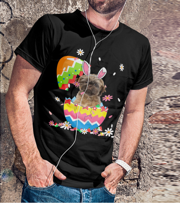 Cute Shih Tzu Easter Day Dog Dad Dog Mom With Bunny Ears And Colorful Egg T-Shirt