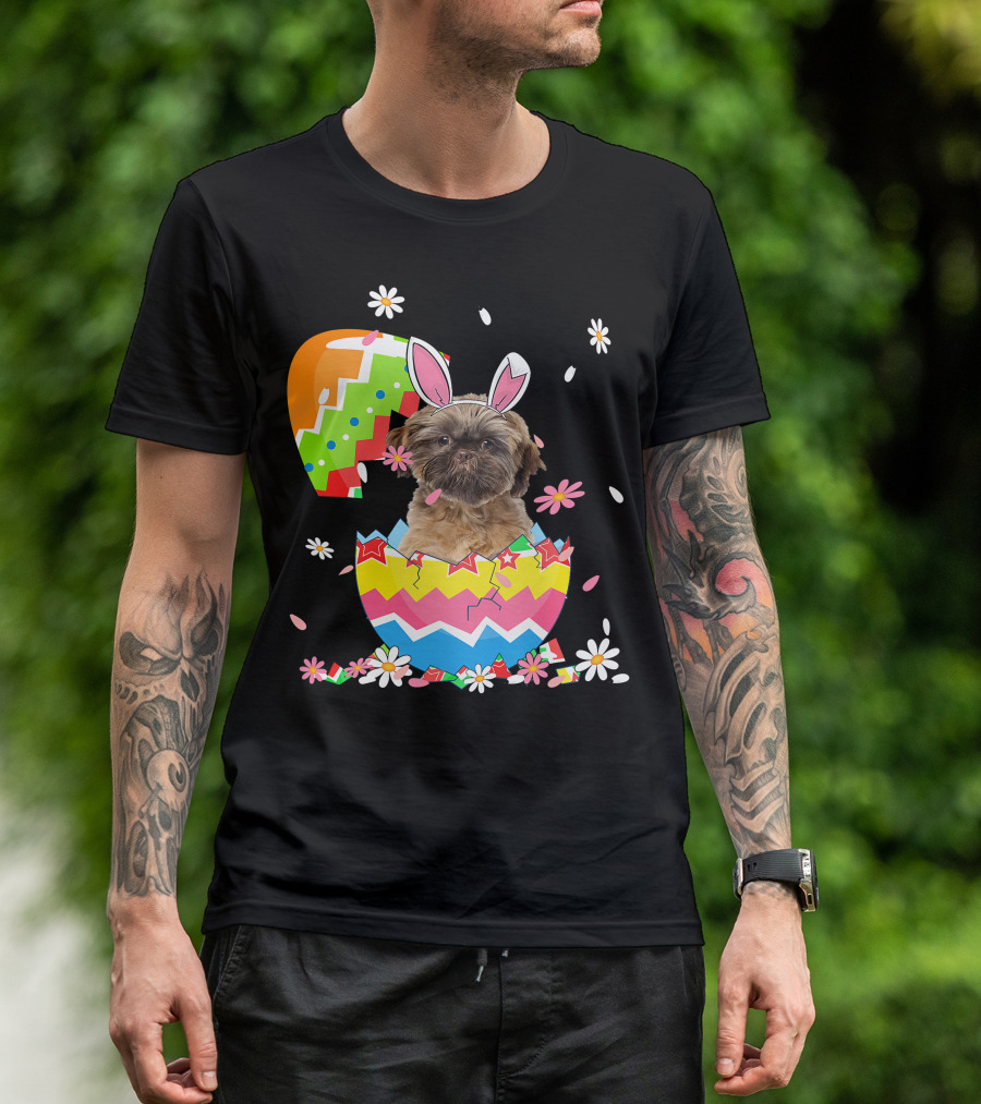 Cute Shih Tzu Easter Day Dog Dad Dog Mom With Bunny Ears And Colorful Egg T-Shirt