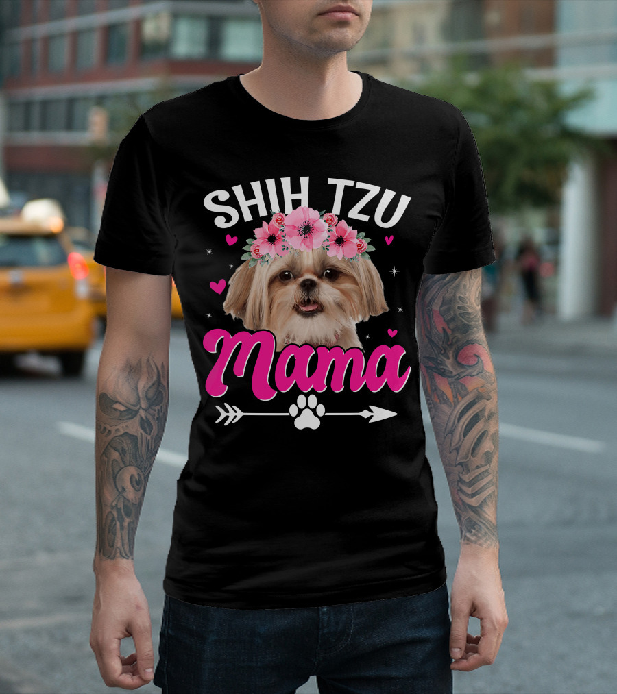 Shih Tzu Mama With Flower Crown Hearts T-Shirt