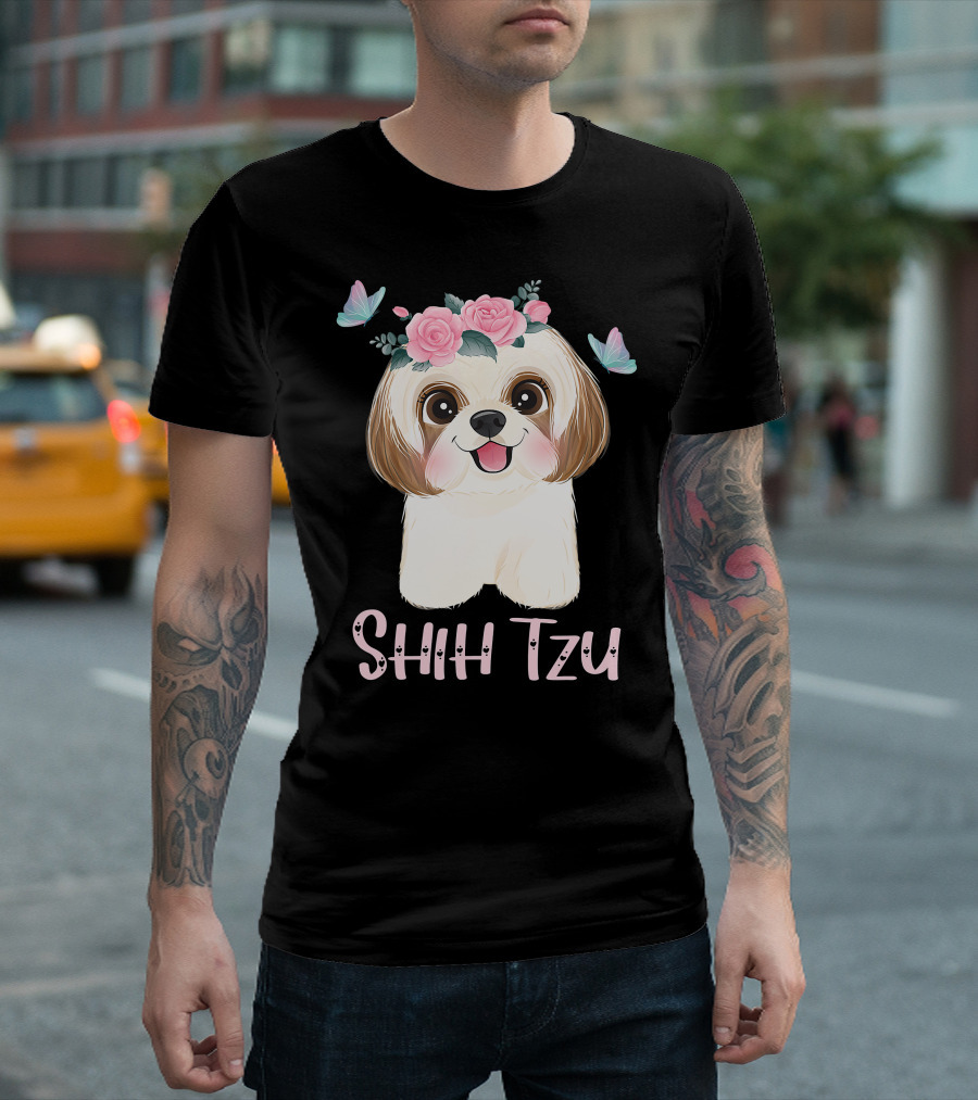 Cute Shih Tzu Mom Dad Mens Dog Lover Ladies Shih Tzu Roses Butterflies T-Shirt