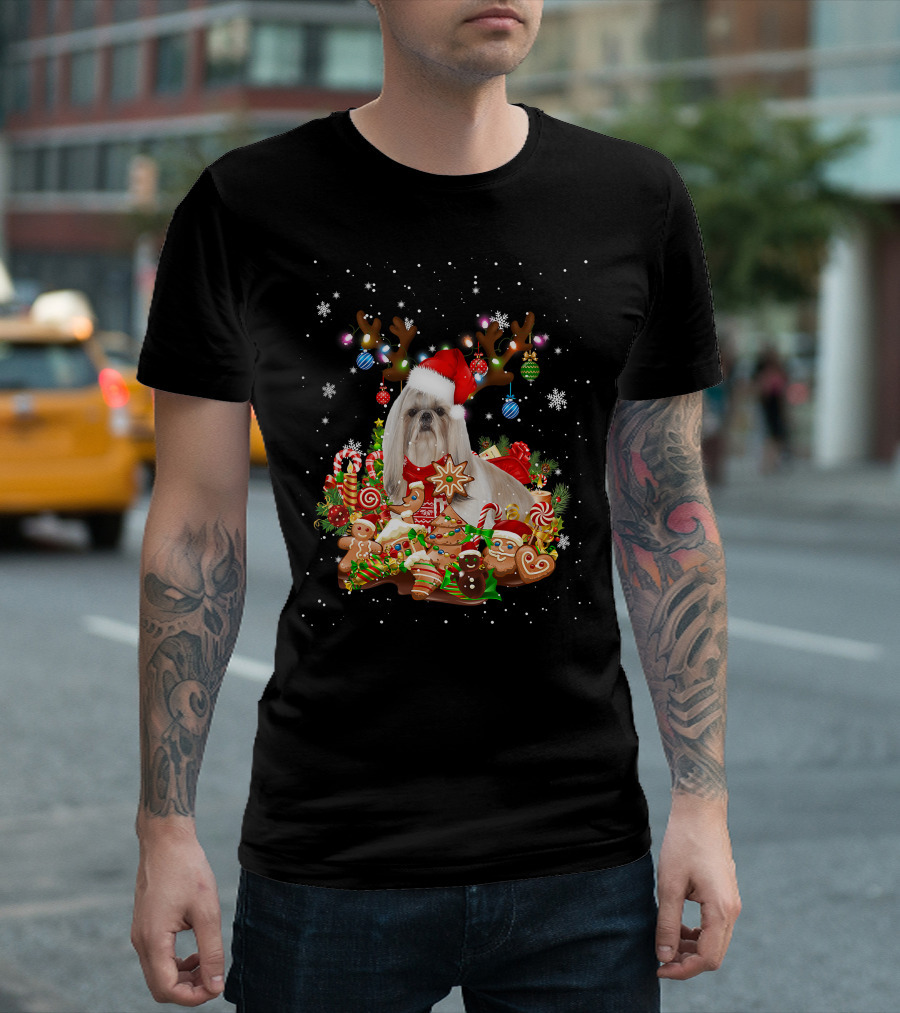 Cute Shih Tzu Reindeer Christmas Lighting Santa Xm Gingerbread Candy Cane Ornaments T-Shirt