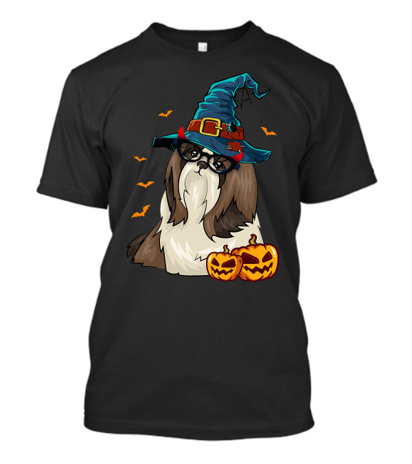 Cute Shih Tzu Glasses Witch Hat Halloween Pumpkins Bats T-Shirt