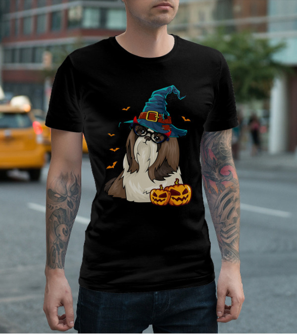 Cute Shih Tzu Glasses Witch Hat Halloween Pumpkins Bats T-Shirt