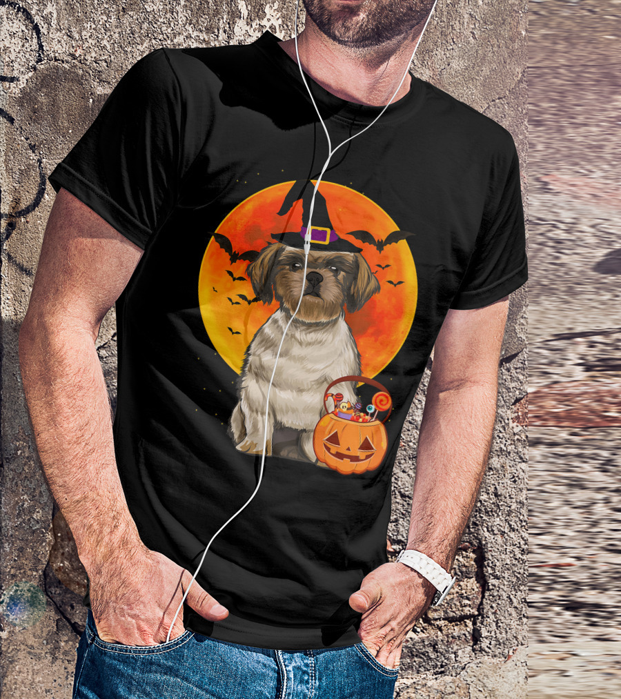 Shih Tzu Dog Halloween Jack O Lantern Pumpkin With Bats And Witch Hat T-Shirt