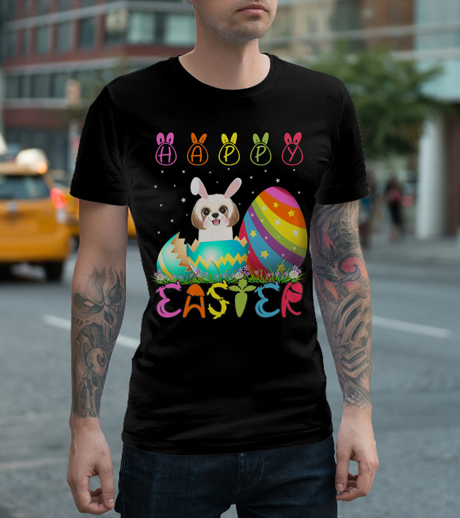Happy Easter Day Shih Tzu Dog in Colorful Egg Matching T-Shirt
