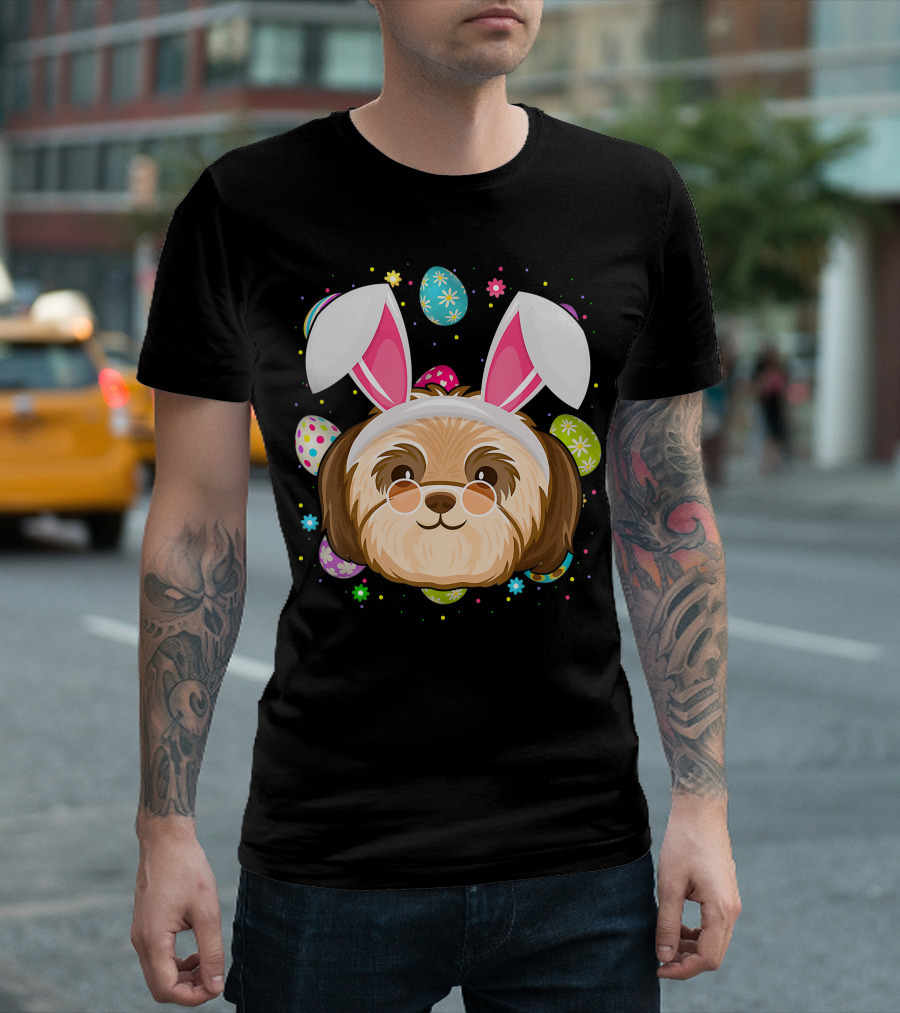 Easter Egg Lover Bunny Ear Shih Tzu Dog Face Easter T-Shirt