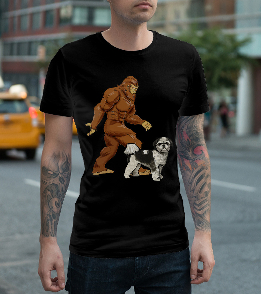 Funny Bigfoot Walking Shih Tzu Sasquatch Dog Comic T-Shirt