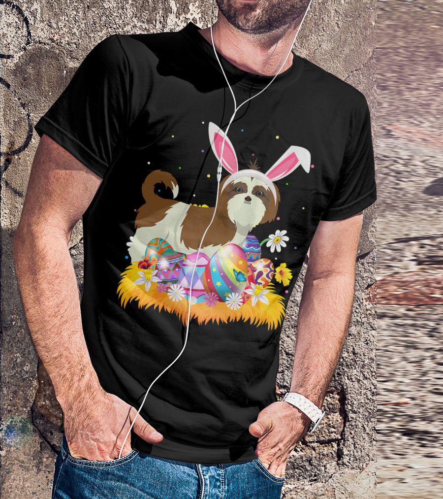 Shih Tzu Bunny Ears With Colorful Easter Eggs And Flowers For Easter Sunday T-Shirt
