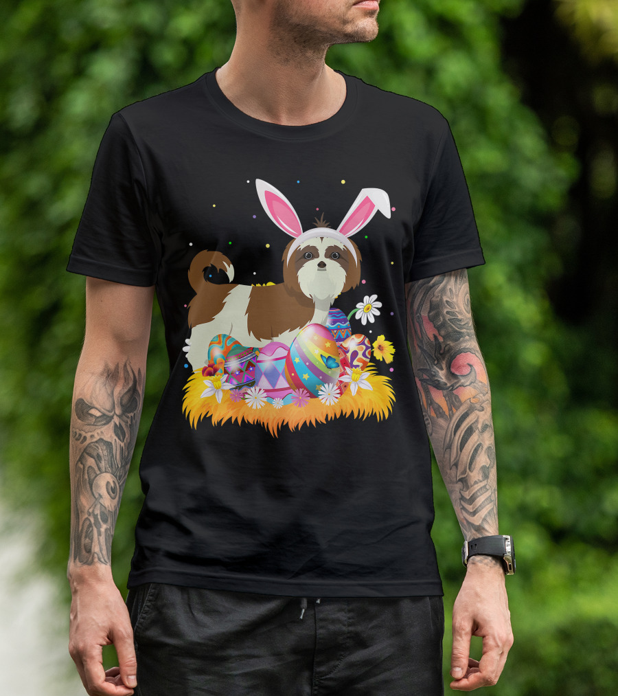 Shih Tzu Bunny Ears With Colorful Easter Eggs And Flowers For Easter Sunday T-Shirt