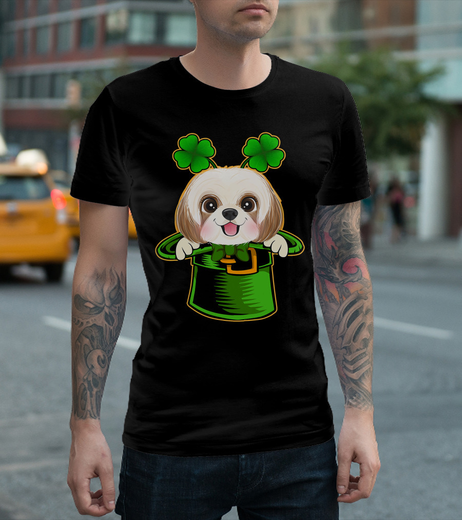 Leprechaun Hat Shih Tzu Dog With Green Clover Antennae T-Shirt