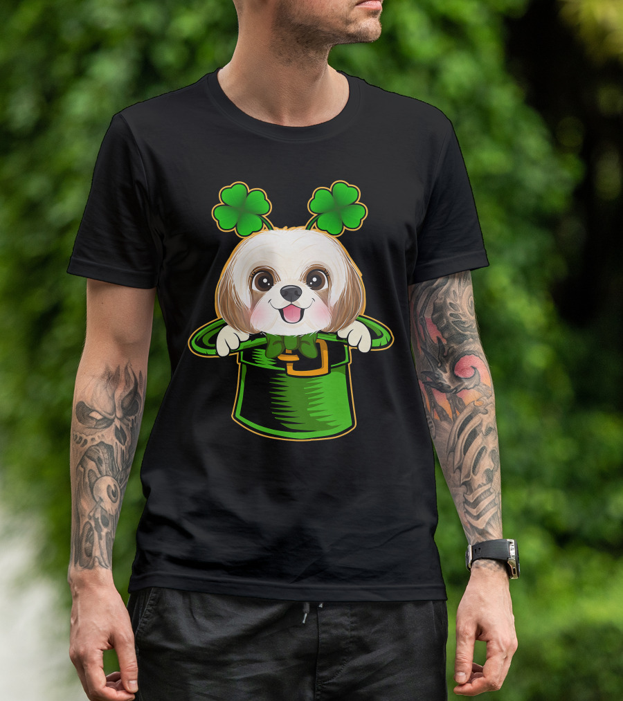 Leprechaun Hat Shih Tzu Dog With Green Clover Antennae T-Shirt