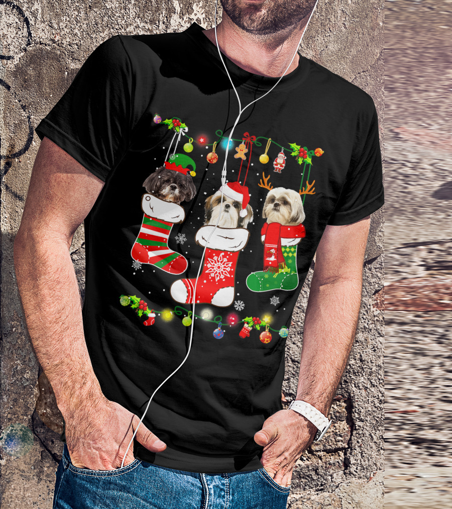 Shih Tzu Dogs In Christmas Stockings With Santa Hats And Christmas Lights T-Shirt