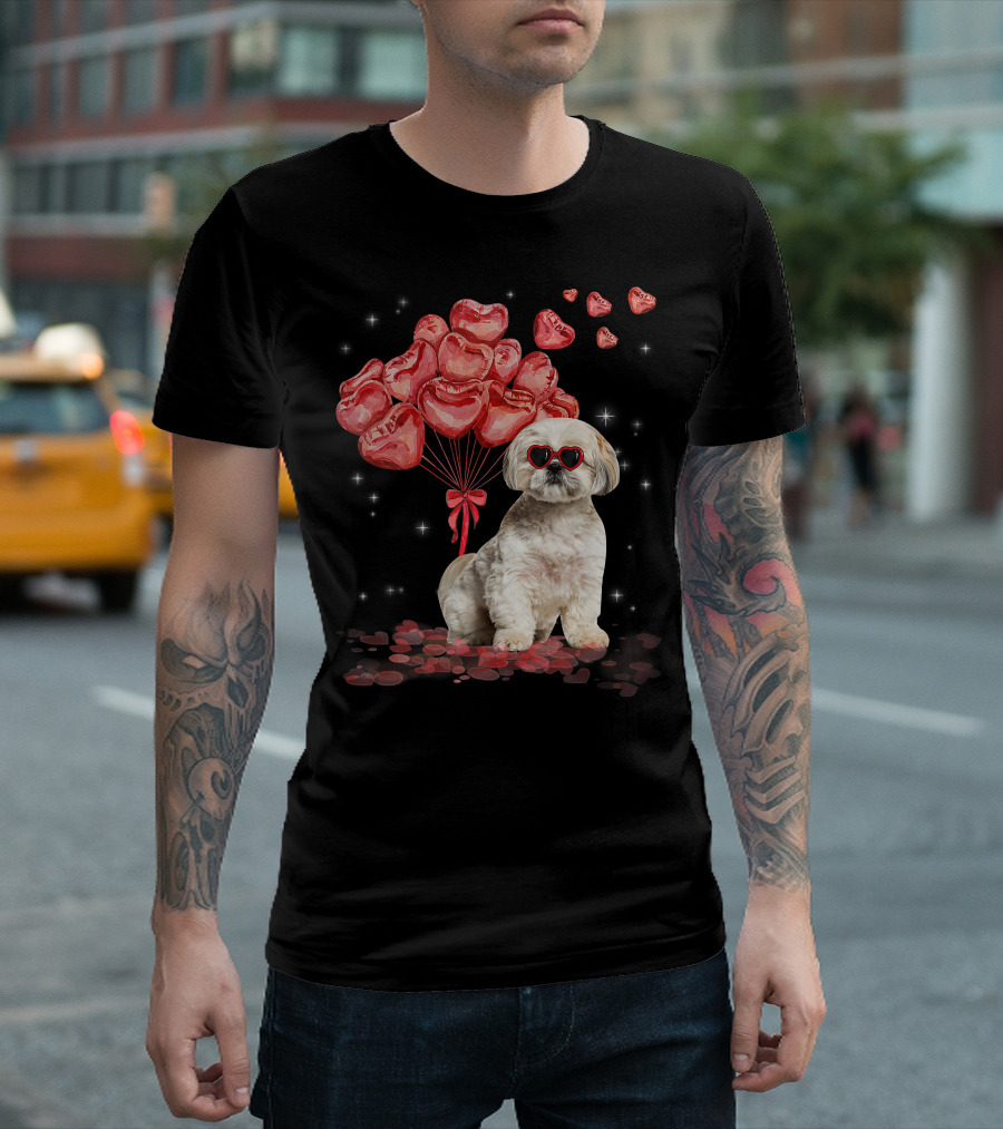 Shih Tzu Heart Balloons Funny Valentines Day Dog Dad Mom T-Shirt