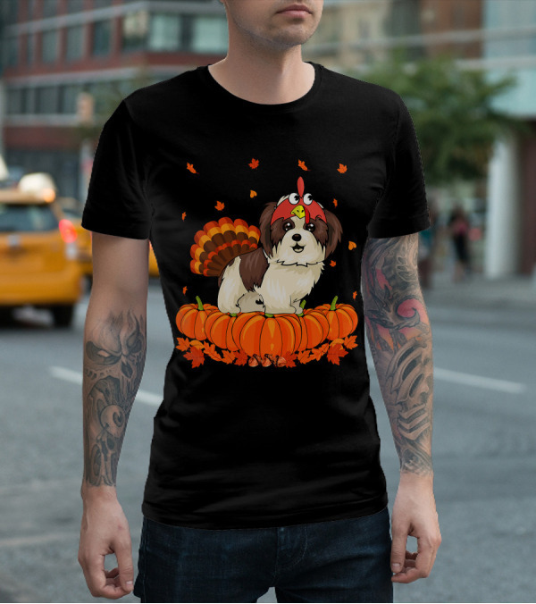 Shih Tzu Dressed As Turkey With Pumpkins And Autumn Leaves Thanksgiving Fun T-Shirt